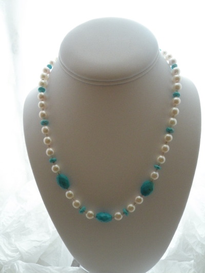 jjewelry:  Akoya pearl with turquoise necklace materials ; 7mm akoya pearl ( pale pink ) , sleeping beauty turquoise , seed pearls , silver heart clasp length ; 18inch price ; $ 290.00 